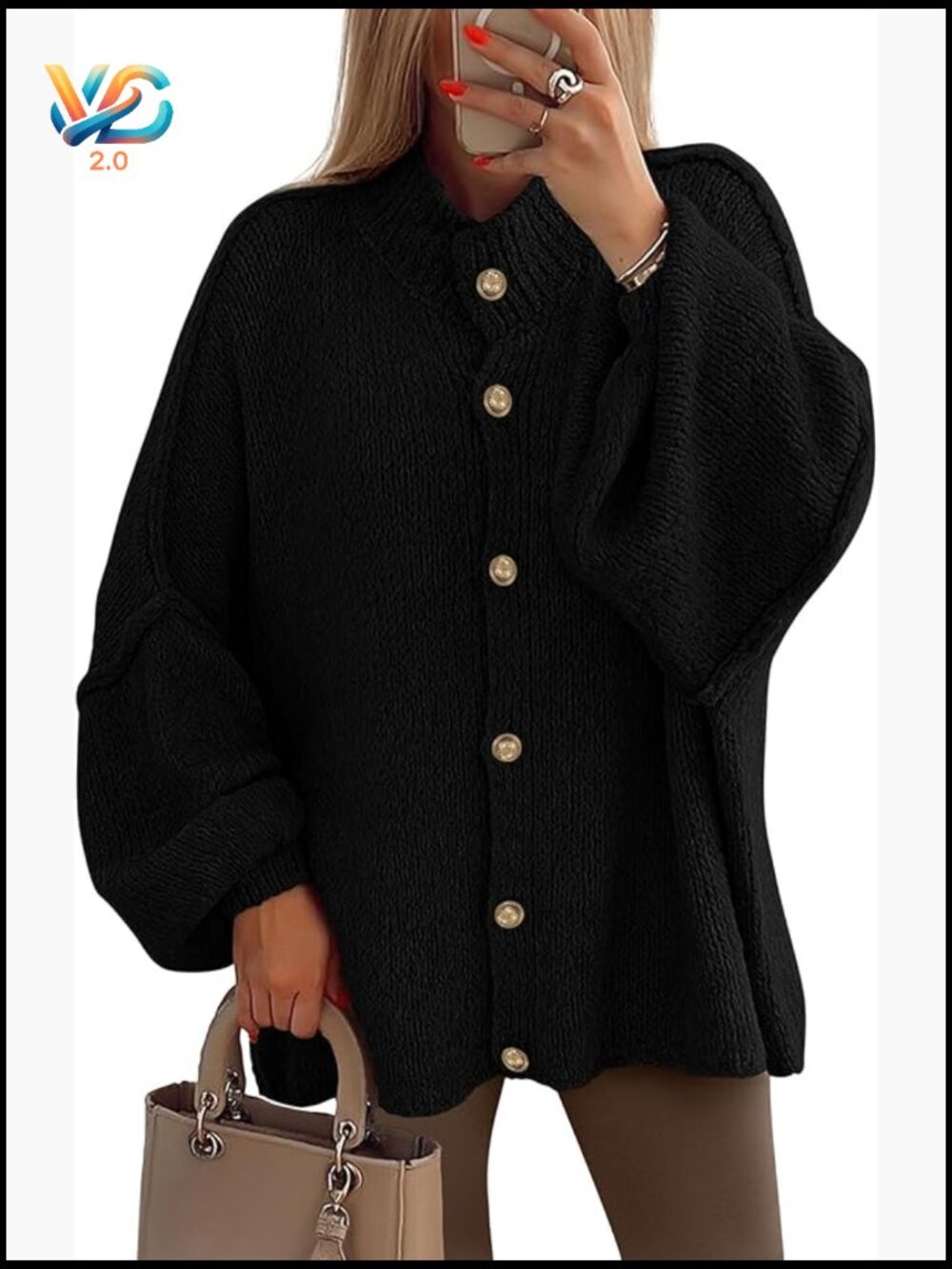 Chunky Knit Cardigan Sweater Mock Neck Lantern Sleeve Button Down Open Front
